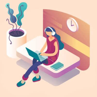 A illustrated woman is working at home